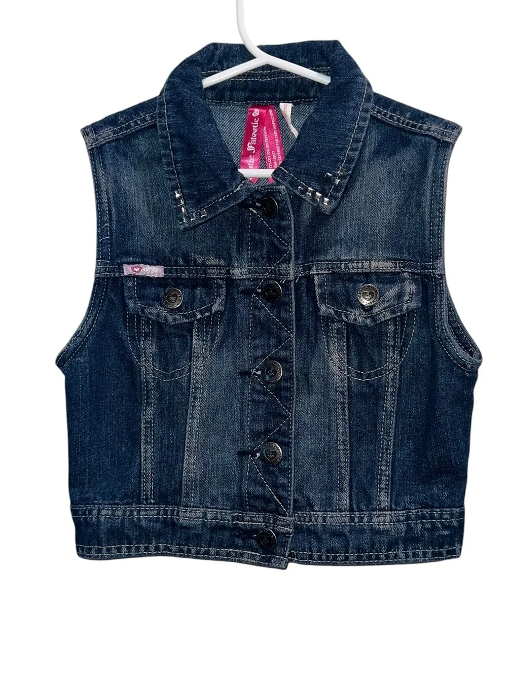 Cute & Sassy Girls Denim Vest Sugar Skull Embroidered Back Studded Collar Size 7